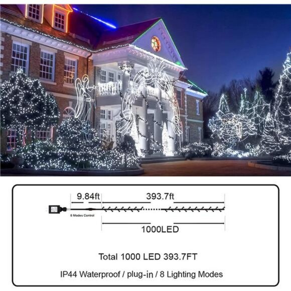403ft 1000 LED String Lights, 8 Modes & Timer Fairy Light Plug in Waterproof LED - Picture 3 of 6